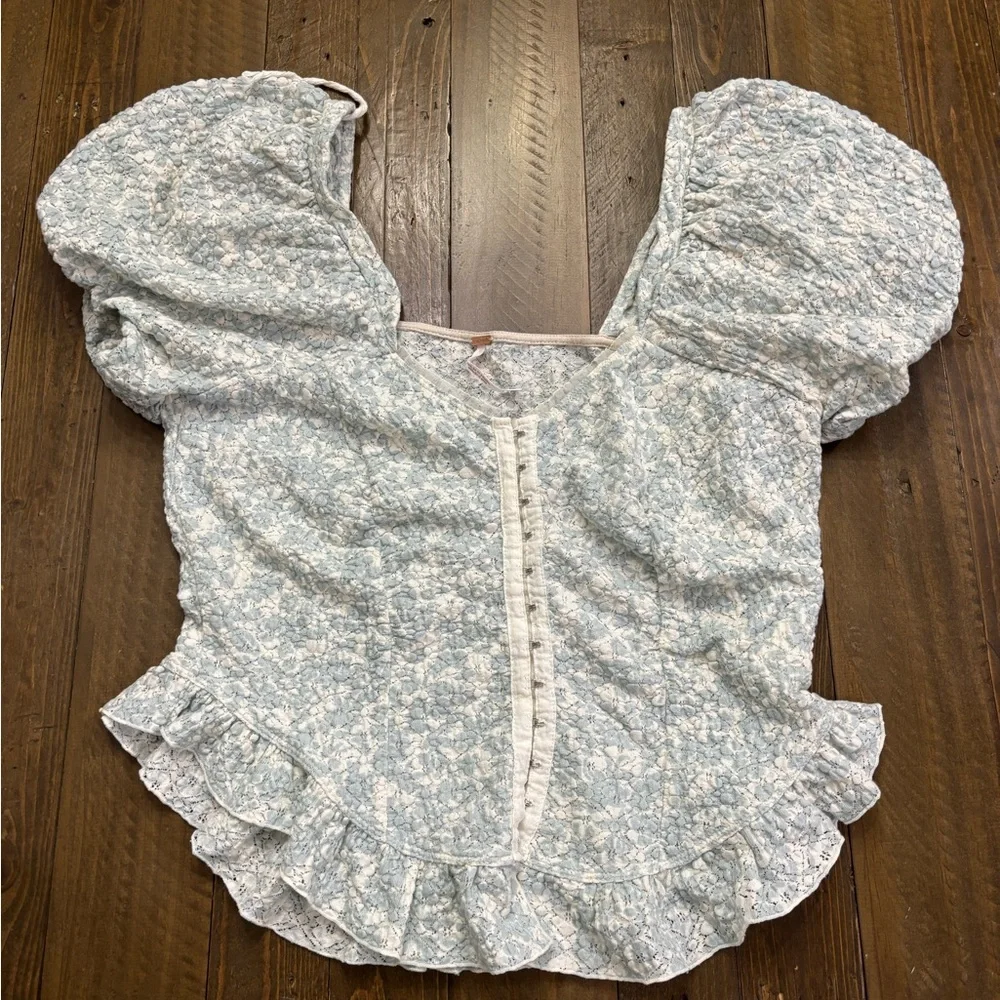 Free People Oh Baby Puff-Sleeve Lace Blouse in Blue and Cream